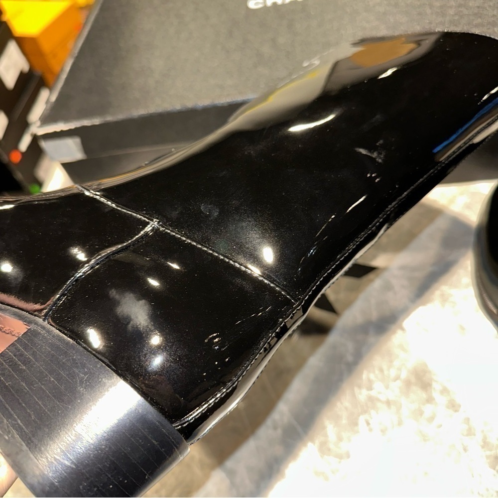 New Size 37.5 Chanel Patent CC Mid Calf Boots Black - Picture 7 of 11